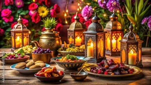 Fototapeta Vibrant table setting with dates, fruit, and traditional Middle Eastern dishes, adorned with lanterns and flowers, ready for a warm evening iftar gathering.