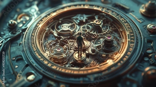 Fototapeta Illustrate a tiny human walking on a massive watch face, blending intricate details with a whimsical sense of scale in this oversized object world