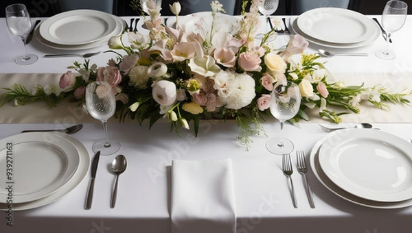 Fototapeta Wedding table setting with flowers. Generative Ai.