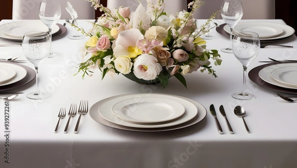 Fototapeta Wedding table setting with flowers. Generative Ai.