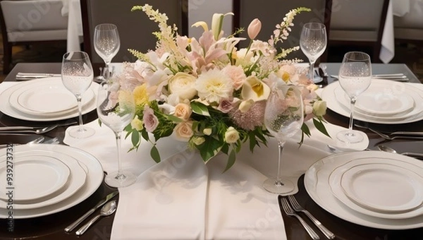Fototapeta Wedding table setting with flowers. Generative Ai.