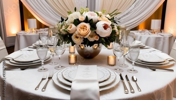 Fototapeta Wedding table setting with flowers. Generative Ai.