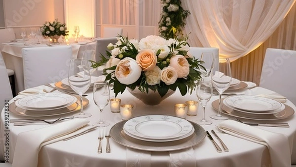 Fototapeta Wedding table setting with flowers. Generative Ai.
