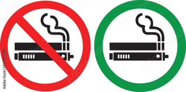 Fototapeta No smoking no vaping and smoking area sign set. Forbidden sign icon isolated on white background vector illustration. Cigarette, vape in prohibition circle and green allowed area.