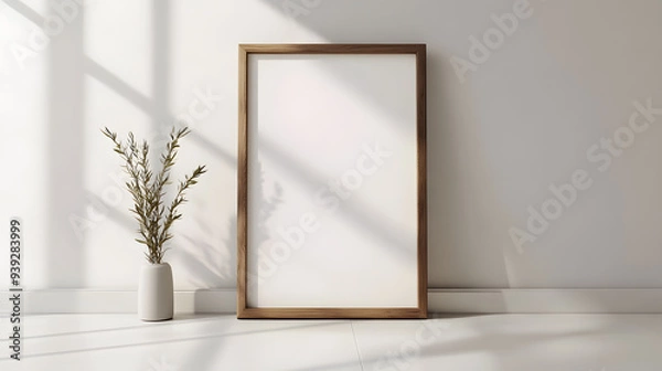 Fototapeta Delicate dried branches stand in a vase next to the frame, casting a shadow on the wall. 