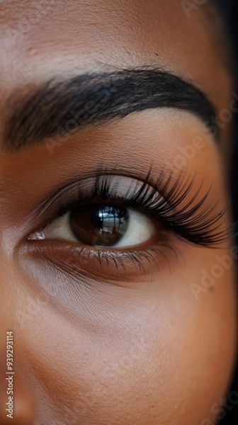 Obraz Close-up of African American womans eye with long lashes and well-groomed eyebrow natural makeup
