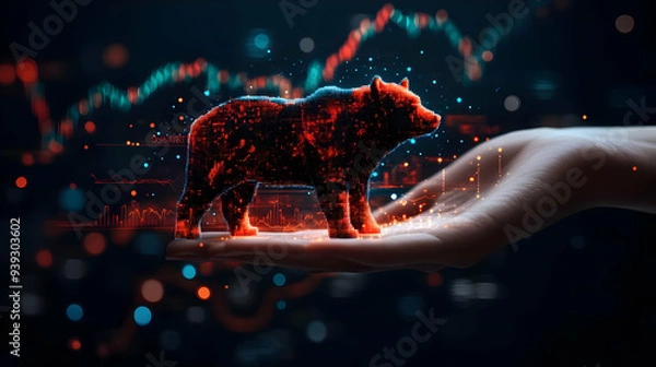 Fototapeta 3d Flat icon as Hand with Holographic Stock Market and Bull Symbol concept as A photo showing a hand presenting a holographic stock market and a bull symbol. The hand is positioned towards the right h