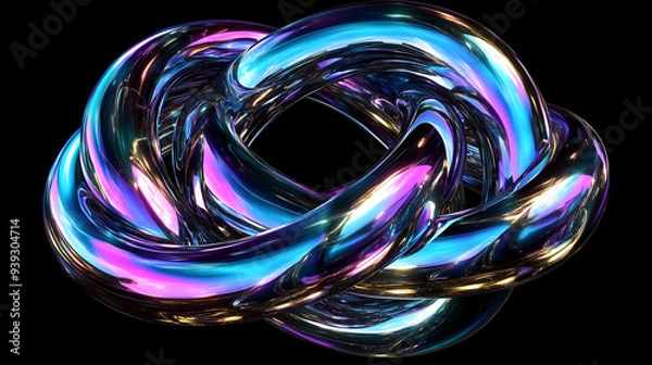 Fototapeta Holographic Metallic 3D Knot. Endless 3D Knot Metallic Hologramm Surreal Loop Shape. Rainbow Holo Swirl, Motion Render. Abstract Spiral. Interwind Flow Surreal Neon Shape. Reflective Technology Swirl.