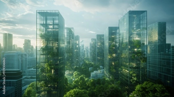 Obraz A futuristic cityscape with high-rise buildings integrated with lush greenery and trees, promoting an eco-friendly urban environment.