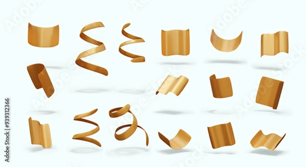 Fototapeta Collection of realistic confetti and streamers. Golden decorative elements