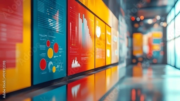 Fototapeta Digital marketing, sales funnels and conversion. Yellow and red wall with cabinets in the office hallway with marketing charts and tables