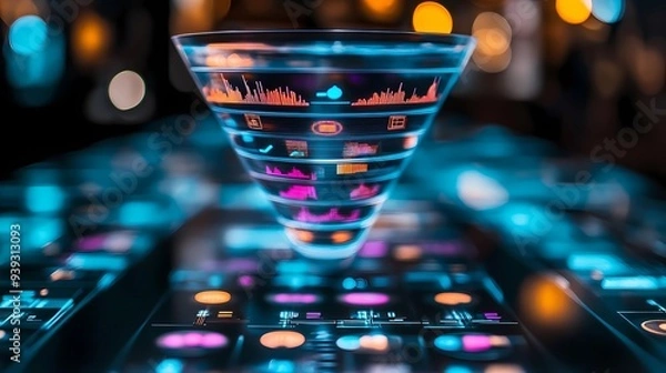 Fototapeta Digital marketing, sales funnels and conversion. A sales funnel spins over a smartphone with mobile app icons as a symbol of online shopping and digital marketing success.