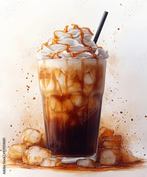 Fototapeta painted iced coffee with cream and caramel sauce