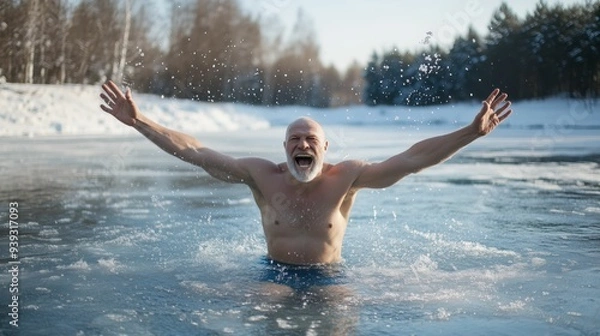 Fototapeta Joyful Man Enjoying Winter Swimming