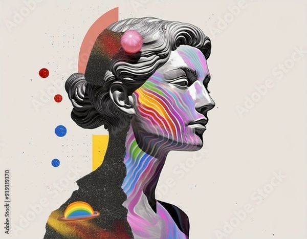Obraz sculpture of a woman with creative colors and elements - Generative AI