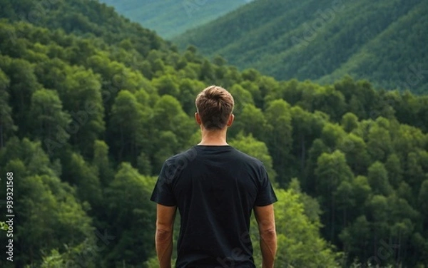 Obraz mock up of a man wearing a plain black t-shirt from behind, with a mountain forest background with dense green trees, Ai generated Images