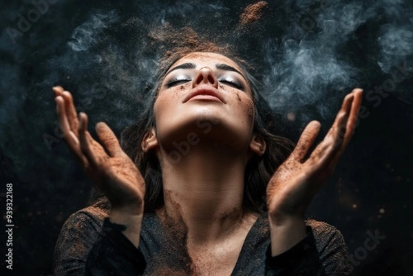 Fototapeta A person raising hands into the air with dust particles scattering, captured in a dramatic dark atmosphere, representing freedom, mysticism, and human connection with nature.