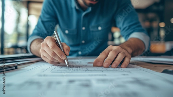 Fototapeta Focused engineer working diligently on a blueprint at a desk in a modern office setting, showcasing determination and professional skill.
