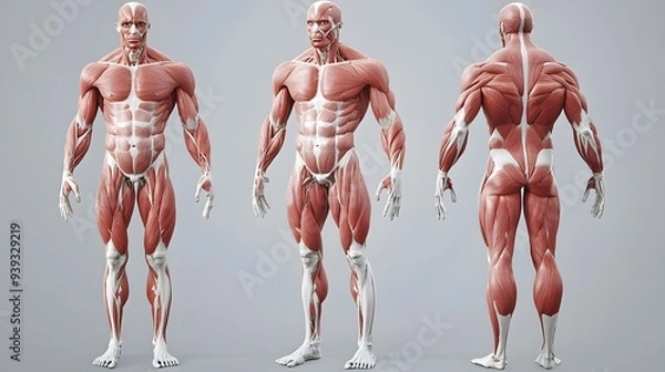 Fototapeta Muscular System with Skin Transparencies: A semi-transparent view of the human body, showing the muscular system beneath the skin for a detailed anatomical study.
