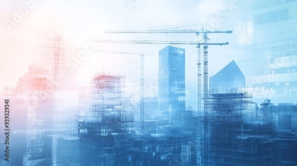 Fototapeta Double exposure of urban skyscrapers with construction cranes. Modern cityscape blended with construction site, symbolizing growth and development.