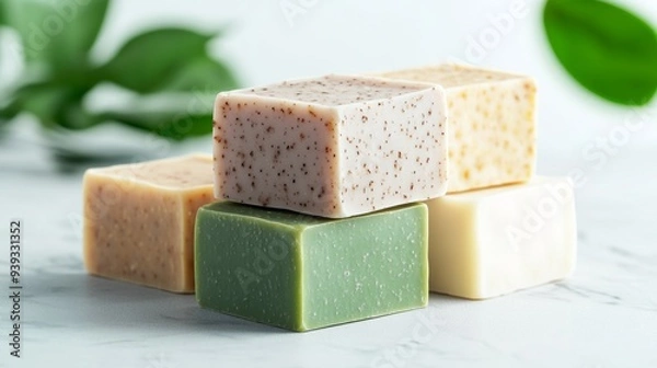 Fototapeta Natural Handmade Soap Bars Stacked on Marble Surface