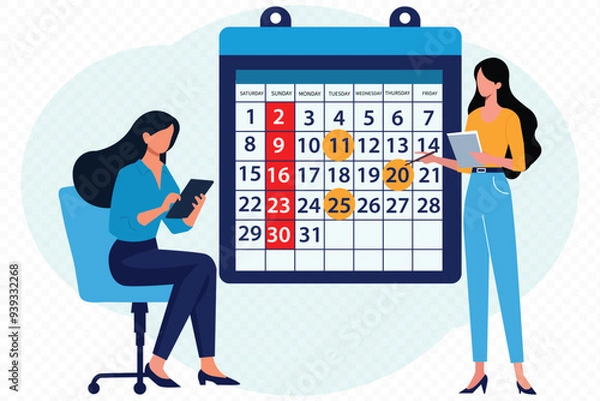 Fototapeta Calendar planning Two casual business people looking at smartphone app making plan for work project. Flat design vector illustration
