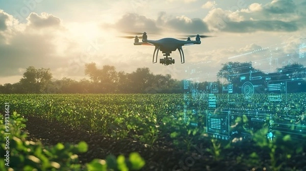 Obraz High-tech drone in a green field with data overlay