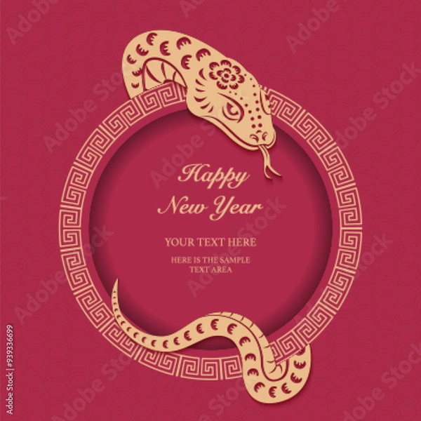 Fototapeta Happy Chinese new year of snake spiral geometry tracery round frame.