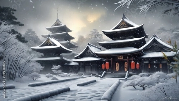 Fototapeta Whispers of Winter: Ancient Temples in a Snow-Covered Tranquility