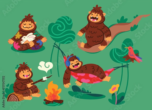 Fototapeta Brown Sasquatches in the forest, set of cartoon characters.
