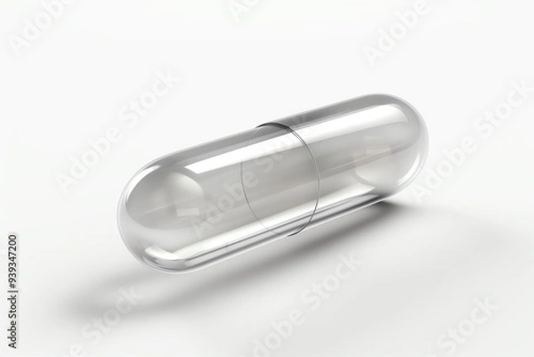 Fototapeta A single, empty, clear capsule pill isolated on a white background.
