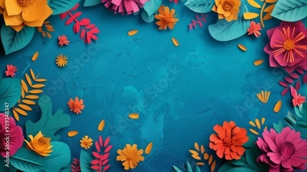 Fototapeta Hispanic heritage month background. Vector banner, poster for social media, networks. Greeting card with copy space. National Hispanic heritage month text, Papel Picado pattern on blue background.