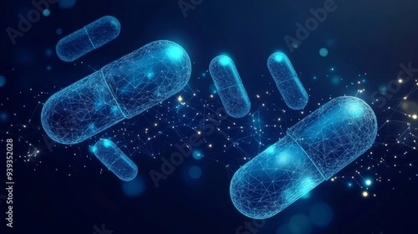 Fototapeta Medicine low poly wireframe vector banner template. With dark blue background. Low poly wireframe with lines, dots and glowing particles 