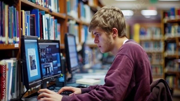 Fototapeta A college student doing research on a computer in the library