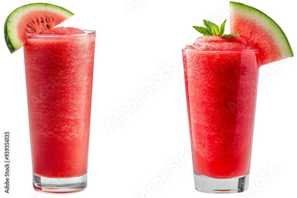 Fototapeta Refreshing Watermelon Slushies: A vibrant duo of watermelon slushie, isolated on transparent background, garnished with fresh mint and juicy watermelon slices, perfect for beating the summer heat. 