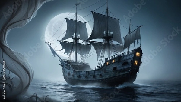 Fototapeta Ancient Pirate Medieval Ship/ Mystical ship sails at foggy night sea by AI