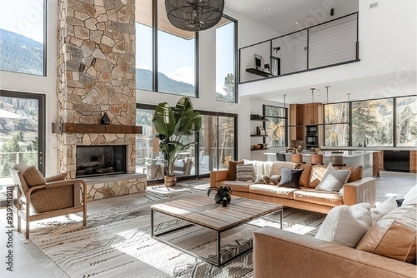 Fototapeta Large living room with modern fireplace, grey marble wall panels, white leather sofa, and garden view.