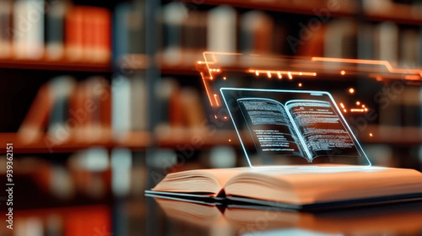 Obraz Open book with a holographic display showing interactive digital content in a library setting, showcasing technology and education
