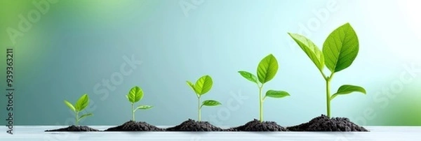 Fototapeta Growth concept with five stages of plant development from seedling to full plant, symbolizing progress and evolution on a green background.