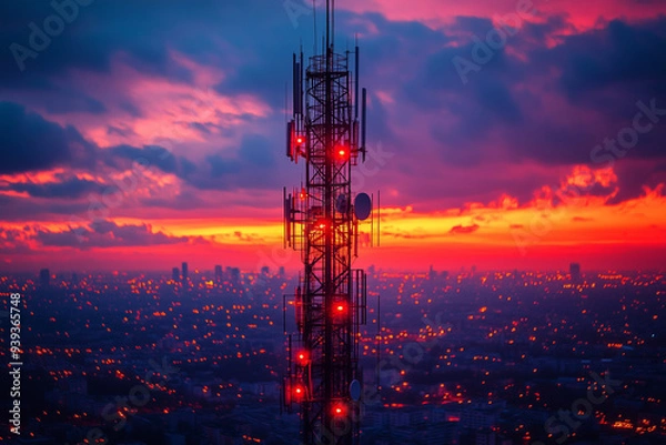 Obraz Selective focus telecommunication tower with signal in dusk, Peak of signal pole with signal light, Telecommunication tower with cloud background.