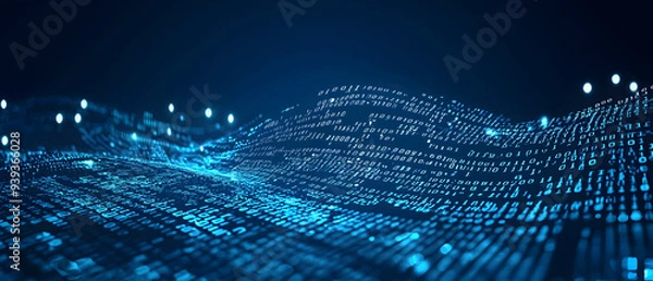 Obraz A flat vector illustration of a coding concept, deep blue theme, technology background, code snippets flowing across, binary codes integrated into the design, subtle glow effects, dark blue tones