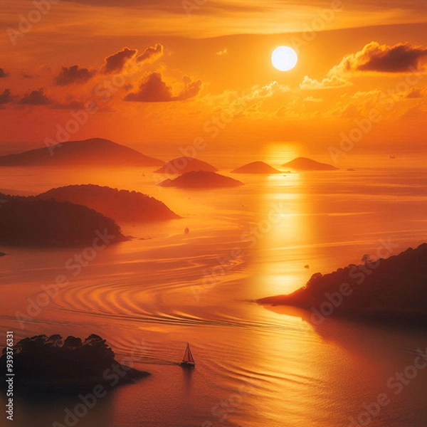 Fototapeta A breathtaking sunrise casting an orange glow over a pristine golf course with a lone golfer walking towards the first tee