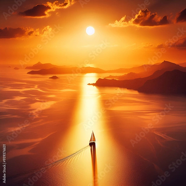 Fototapeta Low level view of empty old paved road in mountain area at sunset