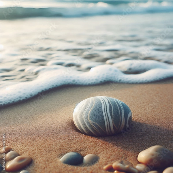 Fototapeta Seashells resting on pristine white sand with gentle ocean waves in the background, capturing a serene beach moment perfect for summer and coastal