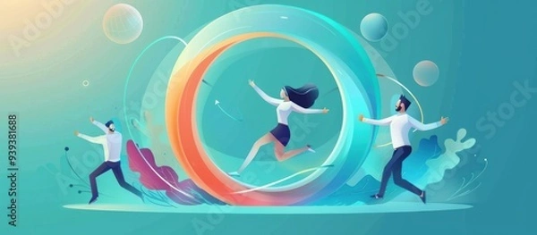 Obraz Business Illustration of Three People Running Through a Digital Portal