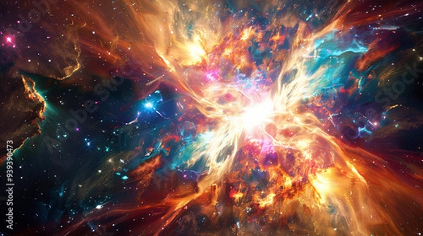 Obraz A vivid depiction of a supernova explosion in a distant galaxy, with brilliant colors and intense light radiating outward. 