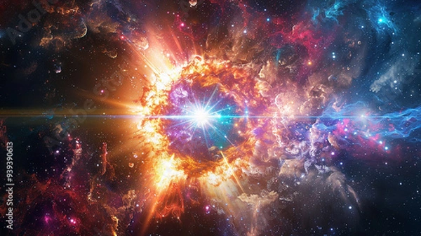 Fototapeta A vivid depiction of a supernova explosion in a distant galaxy, with brilliant colors and intense light radiating outward. 