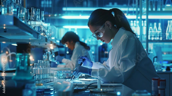 Obraz A futuristic laboratory where women scientists and engineers are leading groundbreaking research. 