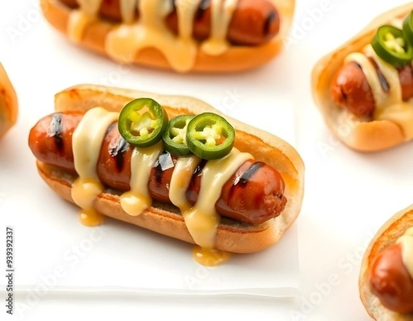 Fototapeta hot dog featuring a plump sausage, covered with melted cheese and jalapeños, displayed on a pure white background create with ai