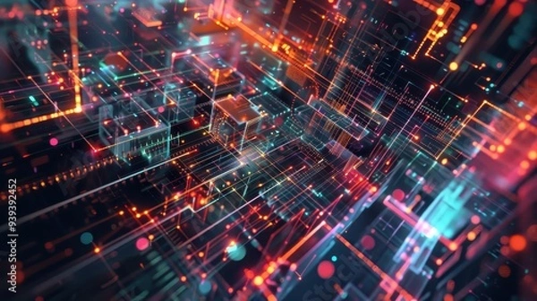 Fototapeta Abstract digital data visualization, technology background concept with colorful geometric lines, dots, glowing connections.